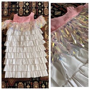 NeuByrne Margot Sequin party dress white pink off shoulder layered mini sheer S